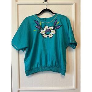 Vintage 80s Teddi Embroidered Women’s Blouse M Teal Puff Sleeve Flower Appliqué